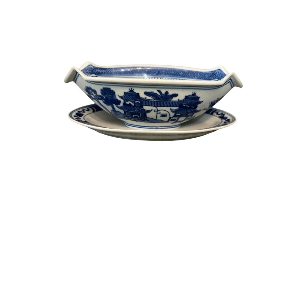 Antique Blue Willow 1800s Gravy Boat & Under Plate Dish 9”x 5.5” Chinese Export